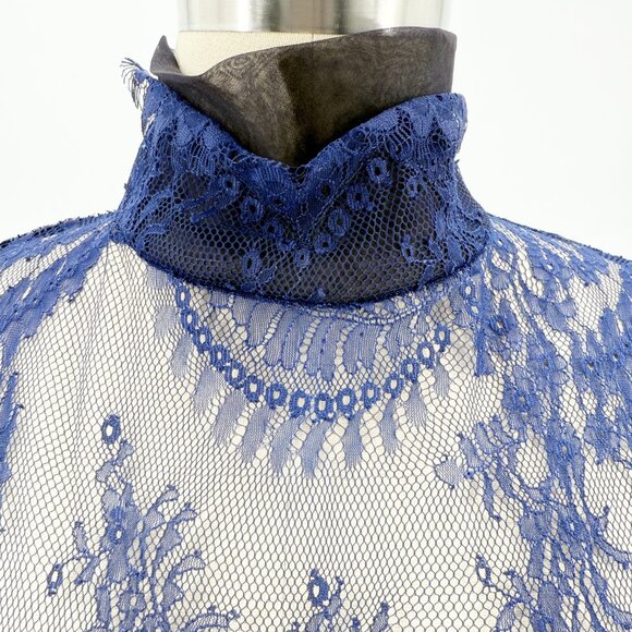 Romantic Lace Sheer Mesh Long Sleeve Layering Top  Blouse Mock Neck S Blue - Picture 2 of 7